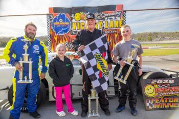 Modified Victory Lane, from left: Adam Chadbourne, Abby Colson, Alec Brown and Jaxson Moreside. Jasen Dickey Photography