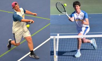 2026 BRHS boys tennis co-captains Griffin Yereance, left, and Harry Hinckley, in action in 2025. File photos