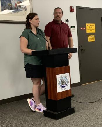 Emily Huber (left) and John Oaks of Lincoln County Emergency Management Agency present the updated hazard mitigation plan to Boothbay Harbor selectmen May 26. ISABELLE CURTIS/Boothbay Register