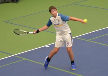 Avery Fowlie, playing first doubles, gets a good luck for a return. KEVIN BURNHAM/Boothbay Register