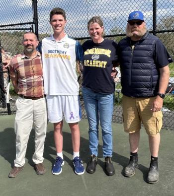 Harry Hinckley with his father, Gary Hinckley, mother Amy Harkins and his stepfather Adam Harkins. KEVIN BURNHAM/Boothbay Register