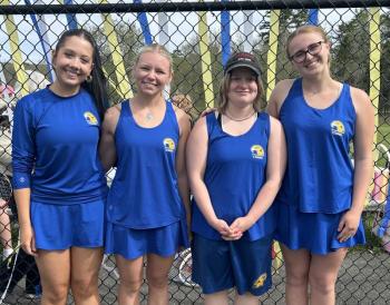 These four BRHS senior tennis players were honored at their last home match. From left are Sarah Harris, Maddie Andreasen, Abby Orchard and Hannah Kreft. KEVIN BURNHAM/Boothbay Register