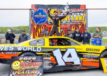 An excited Josh St. Clair climbs out of his car after winning the 2026 Coastal 200. Jasen Dickey Photography