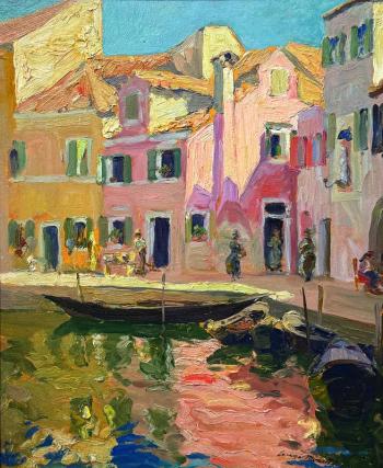 Luigi Moretti (Italian, 1884-1950), "Burano," 1924, oil on board, 18" x 15". Courtesy of Wiscasset Bay Gallery
