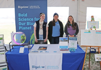 Associate Curator Kerry Thurlow, Research Technician Lydia Pinard, Senior Research Associate Brittney Honisch, and Postdoctoral Scientist Sarah Douglas (not pictured) helped staff Bigelow Laboratory’s booth at the Seaweed Saturday expo (Credit: Leah Campbell)