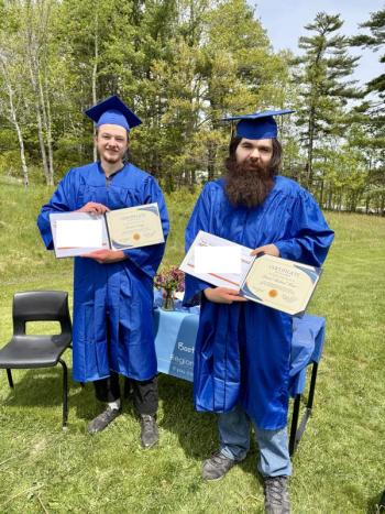 Larsson Lugg, left, of Palermo, and David Shaw, of Westport Island earned their high school equivalency diplomas at the Wiscasset office of Boothbay-Wiscasset Regional Adult Education. Courtesy photo