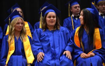 A fun moment between seniors, from left, Madeleine Andreasen, Ella Watts and Sarah Harris. KEVIN BURNHAM/Boothbay Register