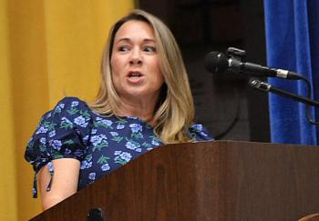 Leanne Burnham, BRHS guidance counselor and master of ceremonies at Awards Night June 10, congratulates the class of 2026 as the ceremonies start. KEVIN BURNHAM/Boothbay Register
