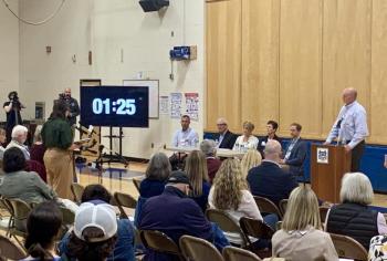 Residents from across the county speak out against the possible shuttering of Lincoln Hospital's labor and delivery services June 1. ISABELLE CURTIS/Boothbay Register
