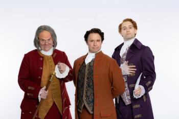 "1776" cast members John Treacy Egan (Benjamin Franklin), James Patterson (John Adams) and Quinn Corcoran (Thomas Jefferson). Musical opens June 25 at MSMT. Courtesy of MSMT