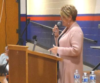 MaineHealth Lincoln Hospital Executive Director Cindy Wade speaks about labor and delivery services offered at the hospital during a listening session at Great Salt Bay Community School in Damariscotta on Tuesday, June 2. (Emily Bracher photo)