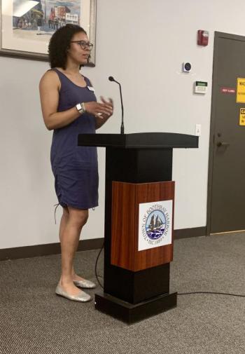 Economic Recovery Corps Fellow Elyse Oliver asks the board to make a decision July 13 on which development project they'd like her to pursue. ISABELLE CURTIS/Boothbay Register