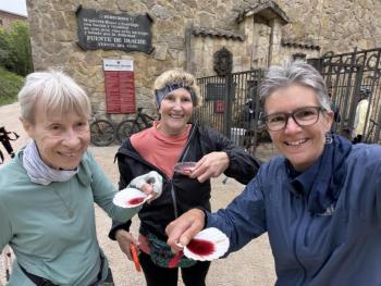 From left: Oma, Barbara, and Jen enjoying seashells of wine on one of the stops along the Camino de Santiago. Barbara Lloyd photo  