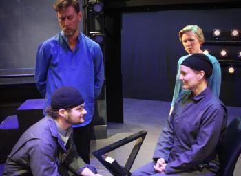  Vashti (Nanette Hennig Fraser) and her son Kuno (Jonah Daiute) with their Inner Voices (Soren Barker and Emily Sue Barker), in "The Machine Stops." Courtesy of Heartwood 