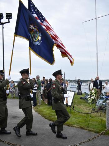 Maine Marine Patrol Honor Guard completes a presentation of colors at the memorial.  ISABELLE CURTIS/Boothbay Register