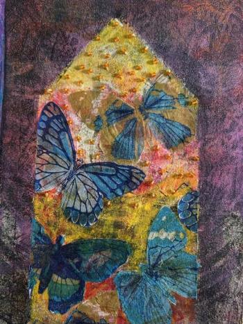 "Butterfly House,” monotype with tissue and beading by Deb Arter, who will lead a class in tissue paper collage at the Maine Art Gallery. Courtesy of the venue