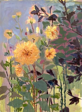 Maine artist Irene Plummer's "Dahlias with Ninebark." 
