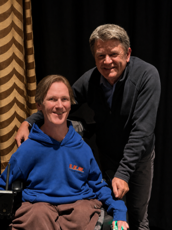 Tanner Grover (left) and surprise guest John Michael Higgins at last year's showing of "Best in Show." Courtesy of Tanner Grover