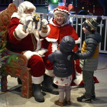 Santa and Mrs. Claus greet children on the Boothbay Common in 2025. File photo
