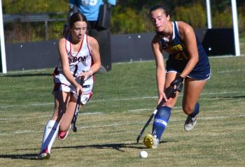 Zuri Smith and Lisbon's Makenna Schmoli look to track down the ball during the first half of their game at Perkins Field Sept. 23. Smith scored Boothbay's lone goal in the 2-1 loss to Lisbon. KEVIN BURNHAM/Boothbay Register