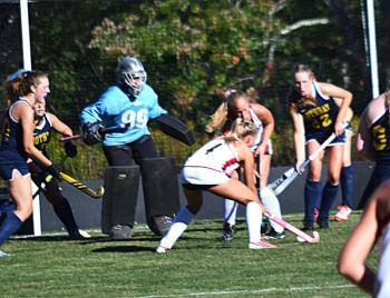 Lisbon's Maddie Earle scored on this play in the second quarter. KEVIN BURNHAM/Boothbay Registe