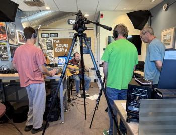 Did you think it was as easy as picking up a camera and shooting? Three cameras capture a stationary wide shot, a close-up, and tracking footage. Pictured: Boothbay Region High School senior Cole Hyson, BRTV Station Manager Lang Sheppard, and Robert Jordon. 