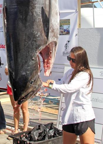 Tournament coordinator Jax Hepburn cleans ice out of a tuna. STEVE EDWARDS/Boothbay Register