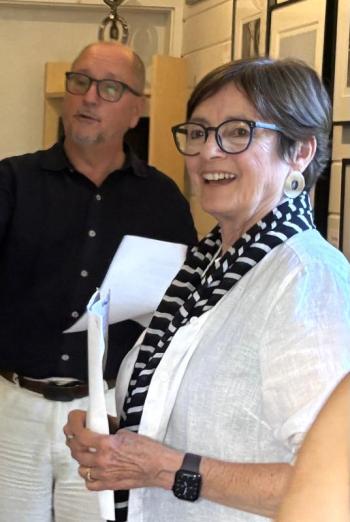 Gallery co-owner Kathleen Jones offered the event's opening remarks. LISA KRISTOFF/Boothbay Register