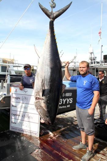 Nick Morley with his 694-pound tuna. STEVE EDWARDS/Boothbay Register
