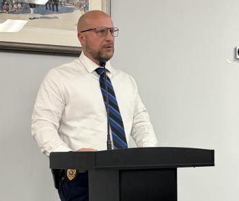Boothbay Harbor Police Chief Doug Snyder updates the selectboard on the summer happenings at the station.  ISABELLE CURTIS/Boothbay Register