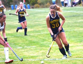 Seahawk sophomore Olivia Hardwick gains control of the ball in the second half of the Sept. 30 game at home against Winthrop. KEVIN BURNHAM/Boothbay Register