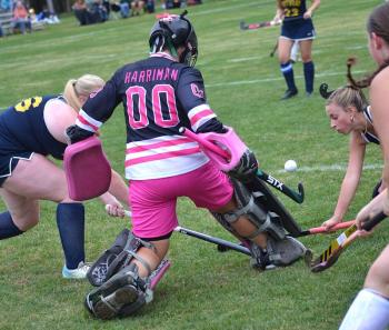Winthrop goalie Cyara Harriman stops a Boothbay scoring attempt in the fourth quarter. KEVIN BURNHAM/Boothbay Register