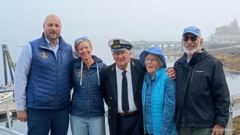 At the boat donation ceremony were, from left, Commissioner Carl Wilson and Erin Summers from the Maine Department of Marine Resources, Howard and Dee Wright, and Doug Goldhirsch. Courtesy photo