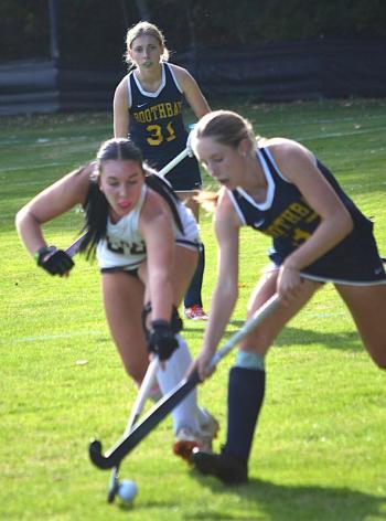 Mabel Kaler gains possession of the ball against a Hall-Dale player. KEVIN BURNHAM/Boothbay Register