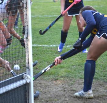 Seahawk tri-captain Zuri Smith pushes the ball into the goal in the third quarter of Thursday's 3-1 win at home over Hall-Dale. KEVIN BURNHAM/Boothbay Register