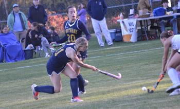 Defender Sophia Gatnar passes the ball downfield during the fourth quarter of Thursday's game at home against Hall-Dale. KEVIN BURNHAM/Boothbay Register