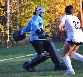 Boothbay goalie Abigail Locke-Smith makes a kick save during the second half of Boothbay's 3-1 win at home over Hall-Dale. KEVIN BURNHAM/Boothbay Register