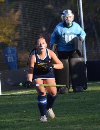 Seahawk tri-captain Olivia Carlson gets ready to defend against Hall-Dale in the fourth quarter. KEVIN BURNHAM/Boothbay Register