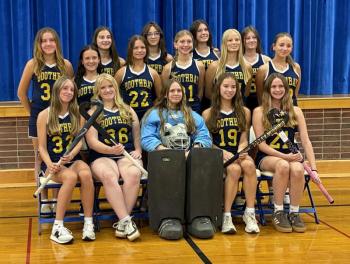 The 2026 Boothbay Region High School field hockey team. Pictured from left are, front row: Mabel Kaler, Lily-Ann Cowing, Abigail Locke-Smith, Moriah Smith, Izabella Locke-Smith; middle row: Olivia Hardwick, Olivia Carlson, Isabelle Andreasen, Sophia Gatner, Arabella Hodgdon, Emma Doucette; back row: Zuri Smith, Blythe Miller, Meabh Hennessy and Jacqueline Branch. ISABELLE CURTIS/Boothbay Register