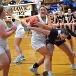 Seahawk center Tatum French takes the ball away from a Monmouth player during the second half of Wednesday's game at BRHS. French led the Seahawks with 25 points by the Seahawks lost, 47-36. KEVIN BURNHAM/Boothbay Register