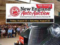 New England Auto Auction logo with dates, August 19-22 and photo of car with bidder in the background