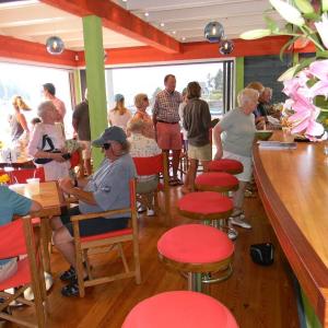 Oliver's Cozy Harbor Wharf on Southport boasts an eye catching color interior, great views of Cozy Harbor and creative, delicious and healthy cuisine. The counter was constructed from the bowling alley floor of Gus and Em Pratt’s Store. DIANE RANDLETT/Boothbay Register Oliver's Cozy Harbor Wharf. DIANE RANDLETT Boothbay Register