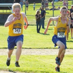 Brady Duncan and David Machon sprint toward the finish line. The boys team earned third place out of five MVC teams at the September 12 meet hosted by Boothbay Region High School. RYAN LEIGHTON/Boothbay Register