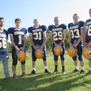 The Seahawks football team's six seniors, from left, Tommy Smith, Jesse Peters, Kameron Markee, Nate Colcord, Cormac Miller and Lincoln Simmons. KEVIN BURNHAM/Boothbay Register