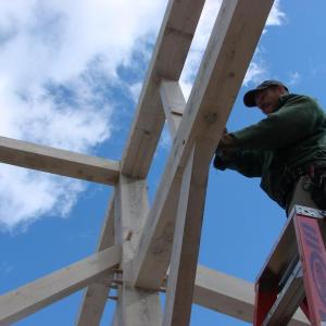 Mark Casad of Warren Wood Wrights works on the barn that will serve as an event venue and a drying house for lavender grown at the farm. SUSAN JOHNS/Wiscasset Newspaper Mark Casad of Warren Wood Wrights works on the barn that will serve as an event venue and a drying house for lavender grown at the farm. SUSAN JOHNS/Wiscasset Newspaper