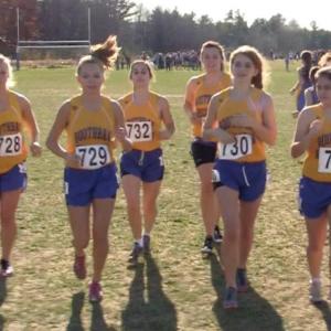 Lady Seahawks Morgan Crocker, Hannah Morley, Sophia Thayer, Allison Crocker, Maya Schwehm, and Genevieve Taylor are introduced at the start of the State Championship meet in Belfast on October 27.