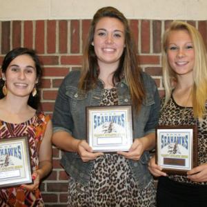 Girls' Cross-Country plaque winners, from left, Sophia Thayer, most valuable; Allison Crocker, coaches award; Morgan Crocker, most improved. KEVIN BURNHAM/Boothbay Register 