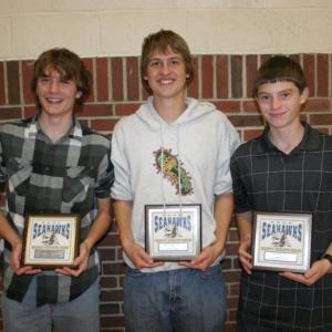 Boys' Cross-Country plaque winners, from left, Alex Owen, most valuable; Kade Smith, coaches award; Kyle Carty, most improved. KEVIN BURNHAM/Boothbay Register 