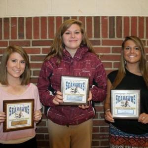 Field Hockey plaque winners, from left, Kirsten Latter, most improved; Madison McCarthy, most valuable; Brooke Alley, coaches award. KEVIN BURNHAM/Boothbay Register 