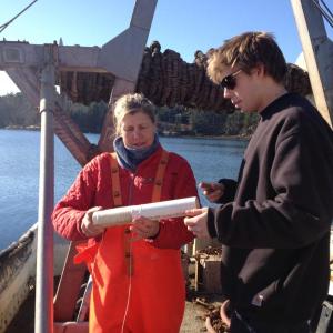 Fisheries biologist Schuyler Belle and son Thor examine the kelp spores prior to stringing them at Bayville aboard Kelo Pinkham's boat, the "Jeannie C." Below: Kelp spores wound around a PVC tube are placed in a sea water-filled container for transport to the Bayville location. LISA KRISTOFF/Boothbay Register Fisheries biologist Schuyler Belle and son Thor examine the kelp spores prior to stringing them at Bayville aboard Kelo Pinkham's boat, the "Jeannie C." LISA KRISTOFF/Boothbay Register